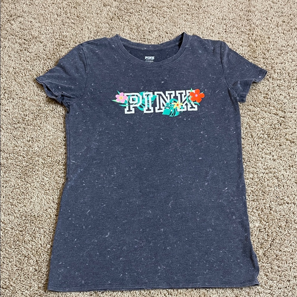 PINK Victoria's Secret Charcoal Tee with Floral Logo
